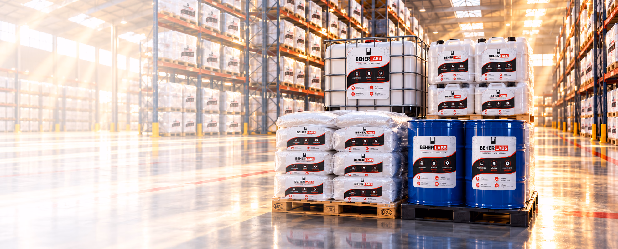 Yüksek raflı depoda tek sipariş olarak toplanmış dört palet: 25 kg torbalar, mavi variller, IBC tankı ve 30 litrelik bidonlar, hepsi BEHERLABS etiketli