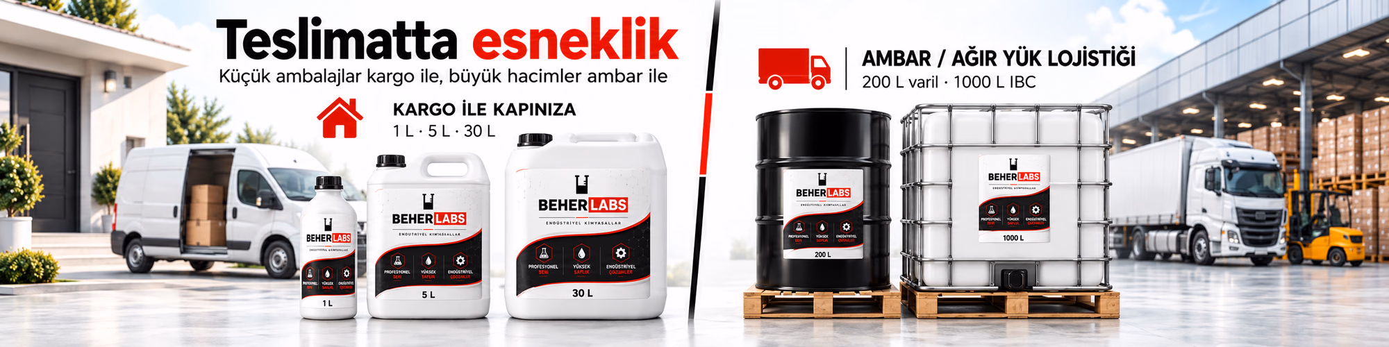 Teslimatta esneklik — 1 L, 5 L ve 30 L kargo ile kapınıza; 200 L varil ve 1000 L IBC ambar ve ağır yük lojistiğiyle.